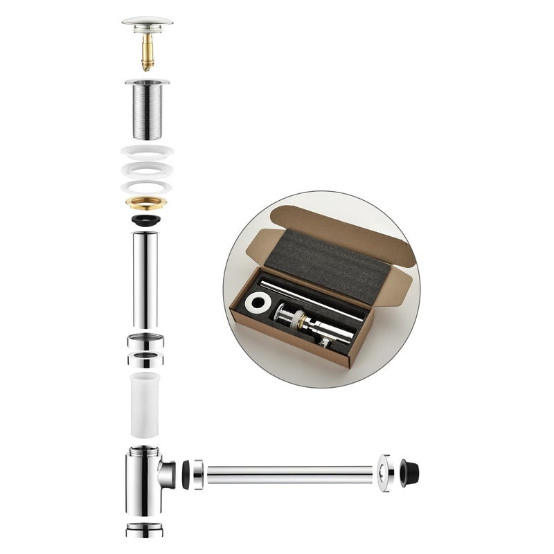 GORDEE Bathroom Sink Stopper P-Trap Complete Set Adjustable 1-1/4 Bottle Trap Solid Brass Sink Drain Kit Tube and Pop Up Drain Stopper Set Without Overflow, Polished Chrome - Image 5